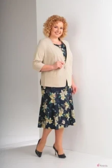 Юбочный костюм Орхидея Люкс 855н молочный+темно-синий