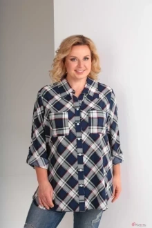 Блузка, туника, рубашка Орхидея Люкс 946 сине-белая клетка