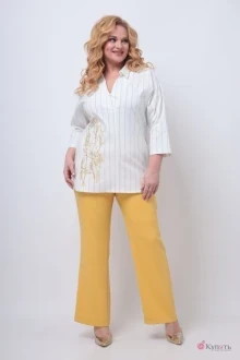 Брючный костюм Michel Chic 1273 полоска, белый, жёлтый