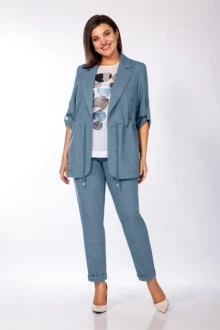 Брючный костюм тройка Ольга Стиль 748/1 серая бирюза