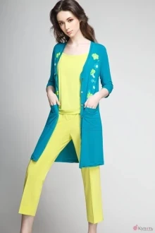 Брючный костюм Teffi Style 1190/2 темная бирюза/топ и брюки лайм