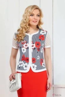 Юбочный костюм Azzara 387К полосатый жакет в цветы/коралл